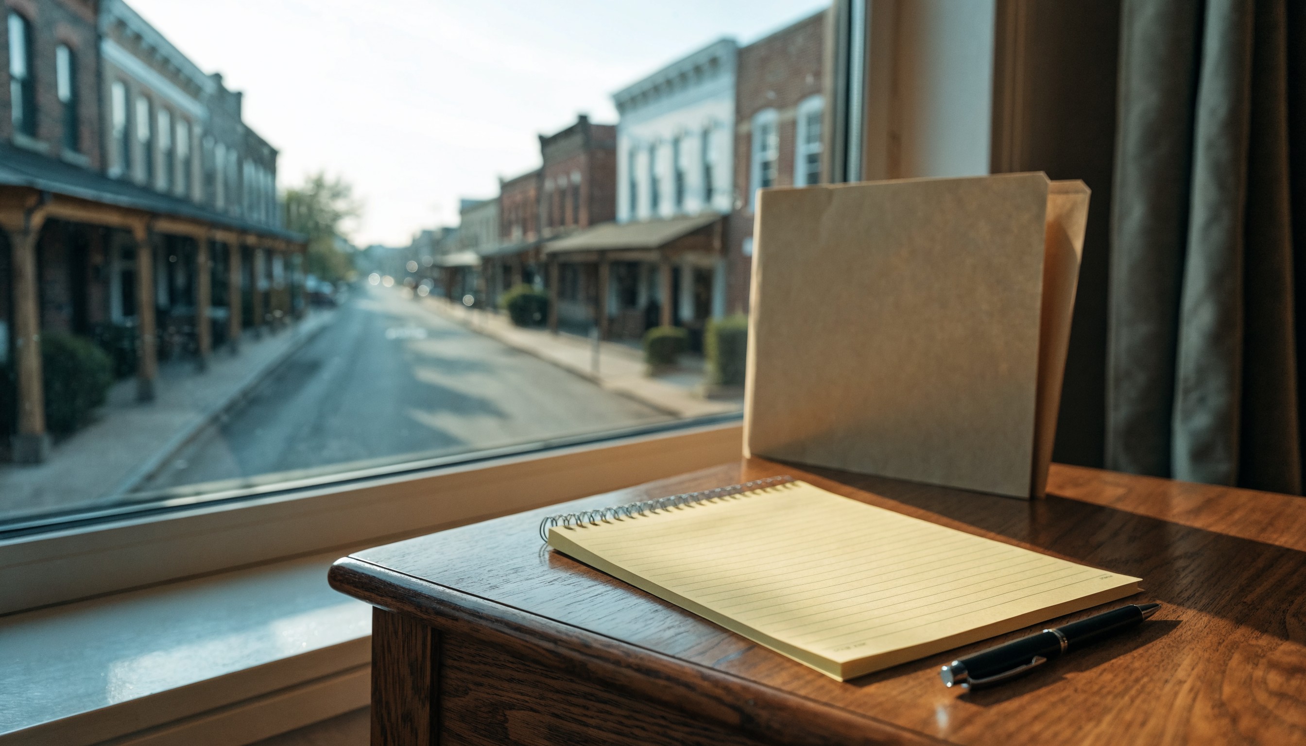 Legal pad and case folder on a desk overlooking a small-town Missouri main street