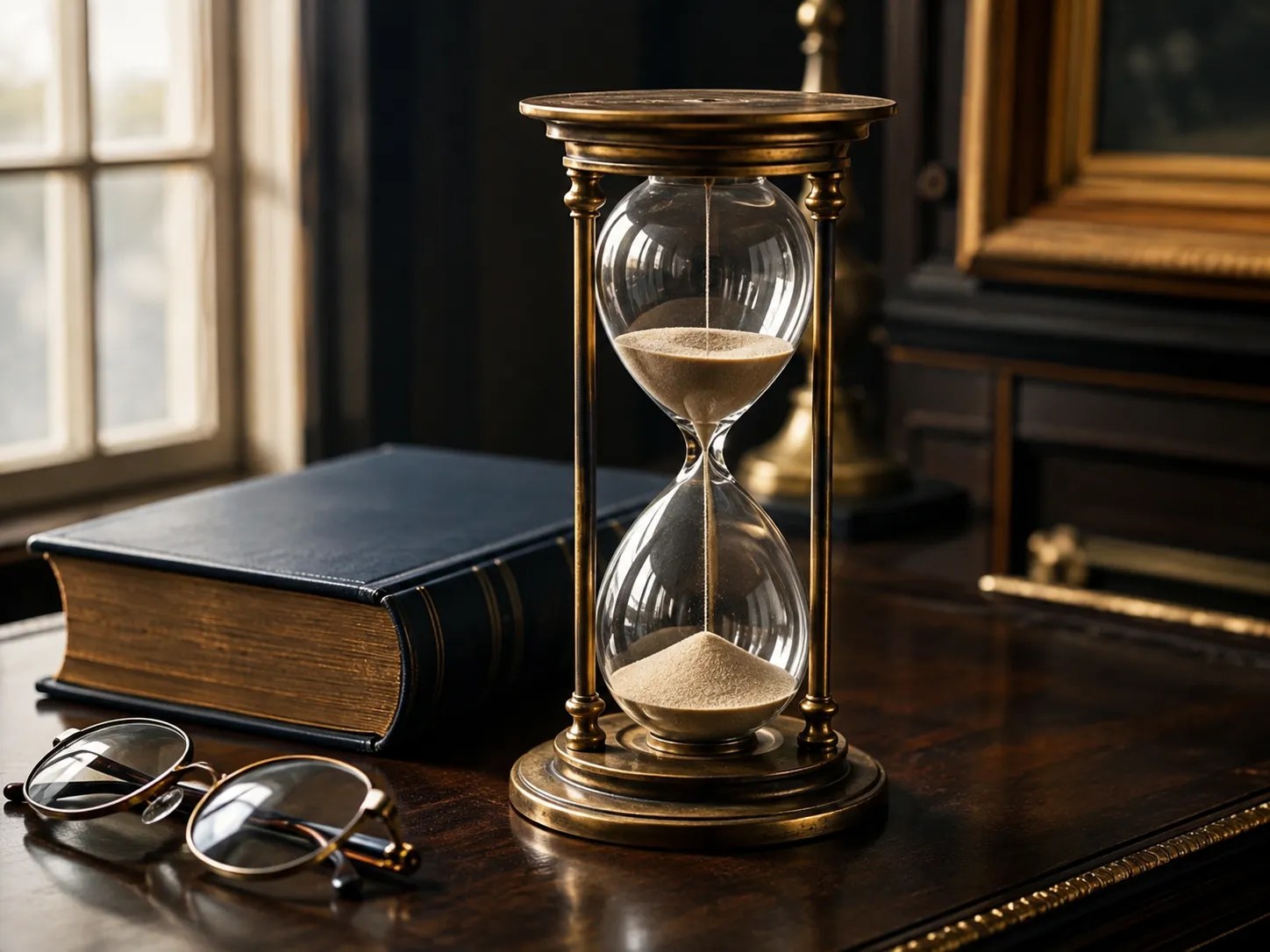 Hourglass and closed law book on a desk, symbolizing the Missouri statute of limitations deadline for filing a sexual abuse claim