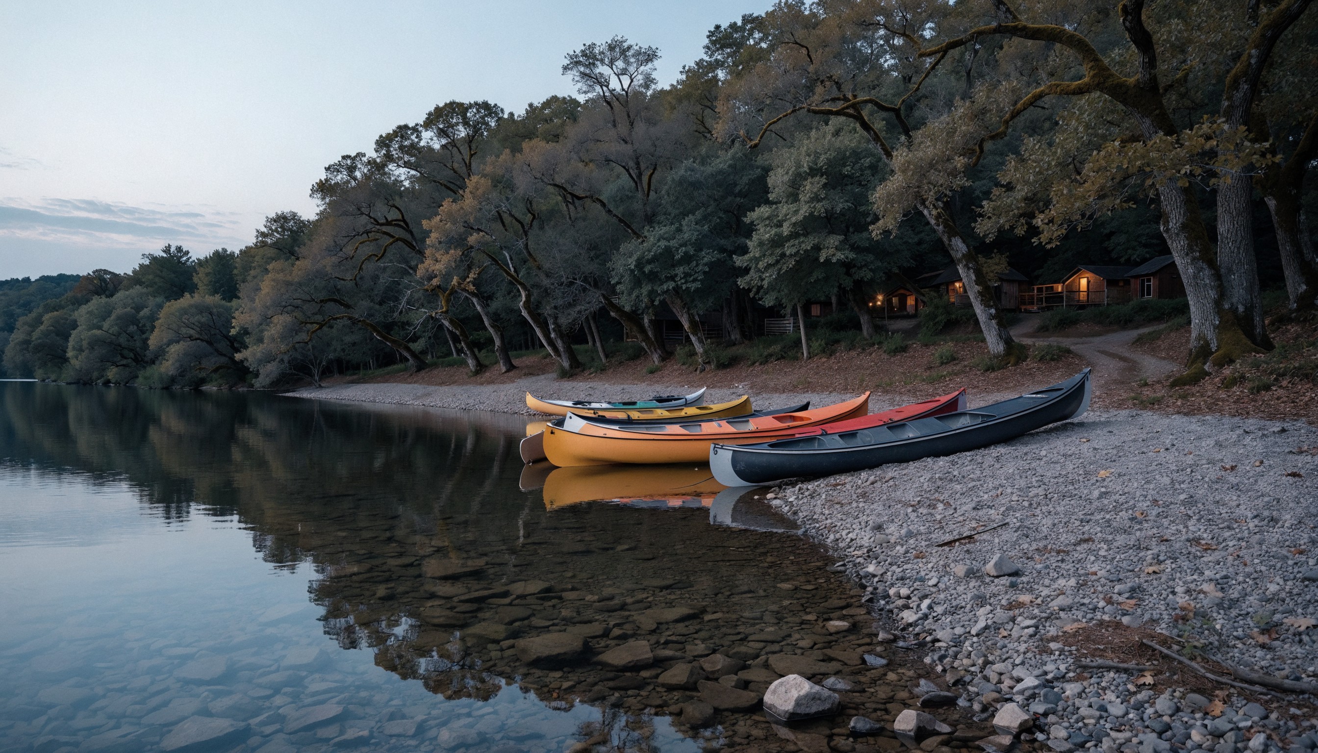Calm Ozark river at dusk with canoes on a gravel bar and campground cabins near Steelville, Missouri