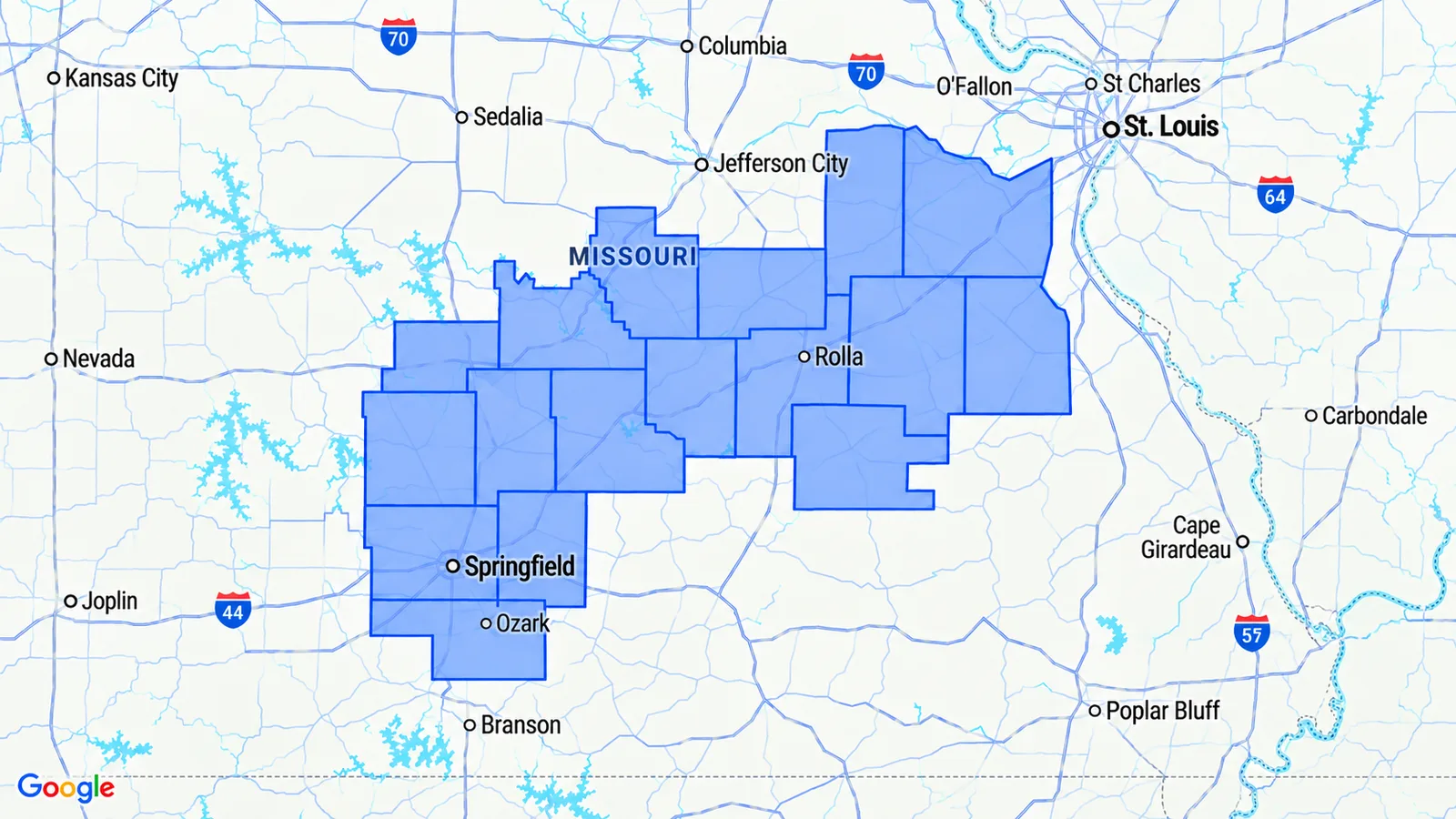 Map of Cardinal Law's Missouri service area — highlighted counties spanning Springfield and Greene County east through Rolla to the St. Louis metro